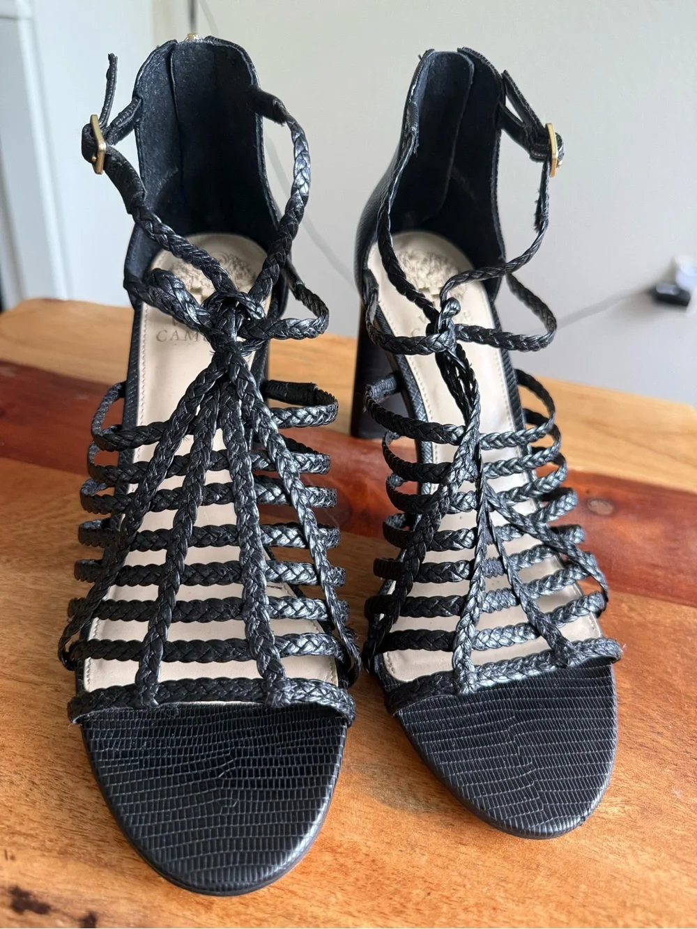 Vince Camuto Black Woven Strappy Block Heel Sandals Size 8